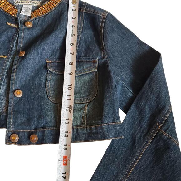Y2k Street Blues Dark Wash Cropped Denim Jacket W/ Rhinestones - Large - Picture 8 of 8